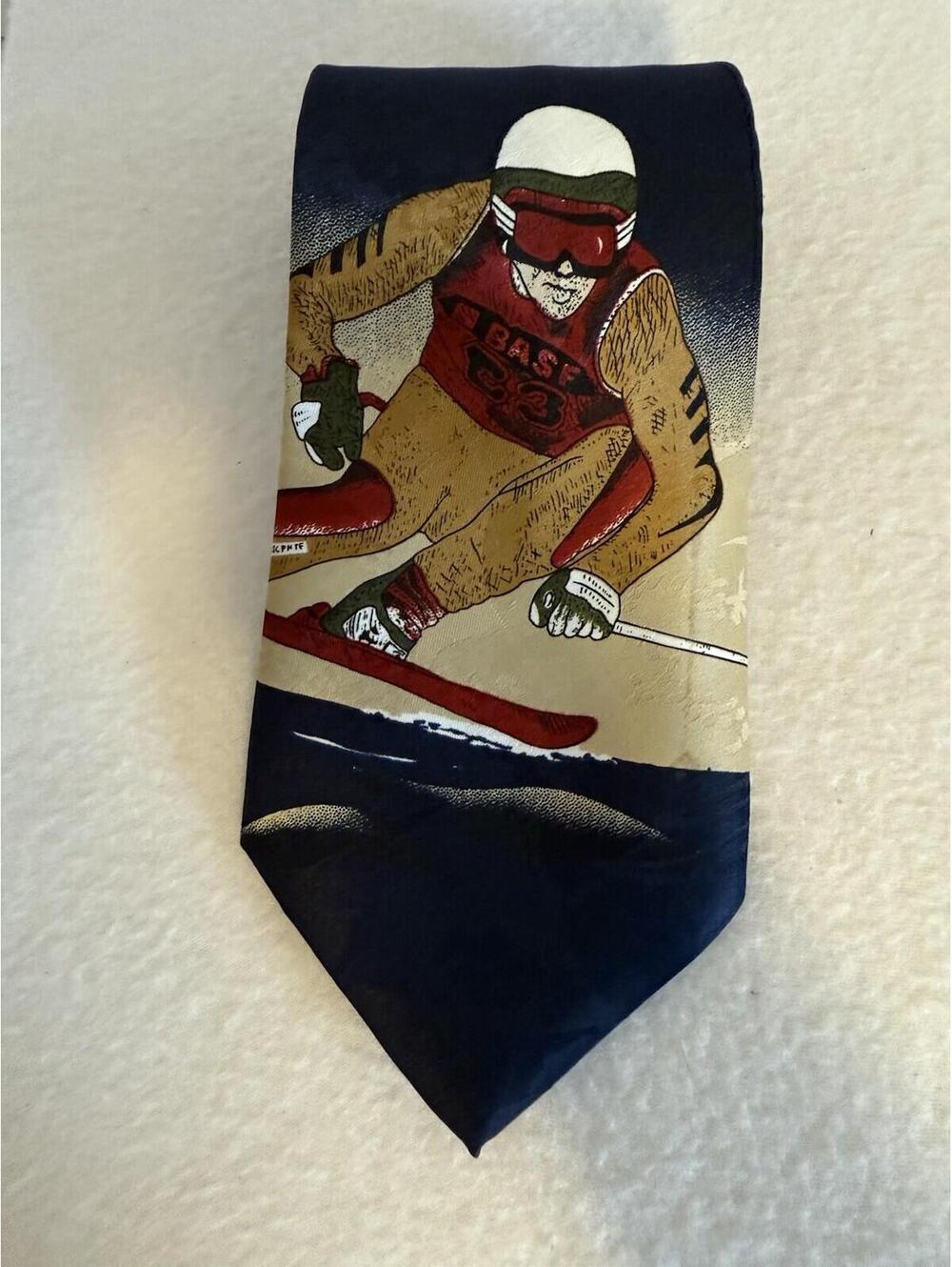 Dimoda Vintage Hand-Made Skiing Print Novelty Silk Tie Retro Ski Racer
